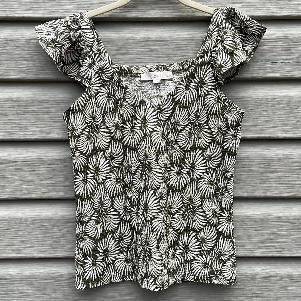 LOFT Olive Green and White Floral Ruffle Sleeve Tank Top